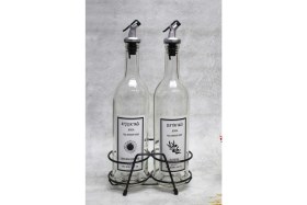 Resim 2'li Şeffaf 750 ml Yağdanlık Seti, Akıtmaz, Kısa Siyah Stantli, Bej Renkli 