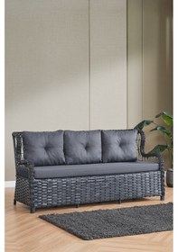 Resim Paris Rattan Puflu Bahçe Balkon Takımı 3+1+1 Cam Masalı Antrasit 