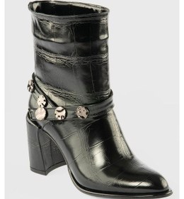 Resim Kadın Deri Bot Krokodil Desenli Platin Detaylı Topuklu Siyah Cordena Siyah 