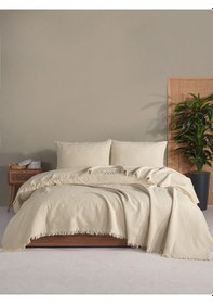 Resim Jakarlı Daire Yatak Örtüsü Seti Çift Kişilik Krem Kutulu Krem 