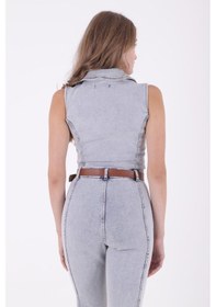Resim Dekoratif Kemer Detaylı Ve Kolsuz Fermuarlı Rahat Kot Kadın Tulum Kar Yıkama Açık Mavi Denim Kar Yıkama Açık Mavi 