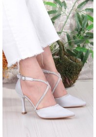 Resim Fort 35693 Saten Çapraz Bantlı Biye Taşlı Topuklu Abiye Ayakkabı Kadın Ayakkabı Gümüş 