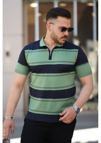 Resim Erkek Yakalı Fermuarlı Çift Renk Kısa Kollu T-shirt Siyah - Yeşil 