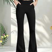 Resim Kadınlar için Yüksek Bel Esnek Genişleyen Yoga Pantolonu Cepli - Karın Kontrolü, Bacak & Kalça Kaldırma, Yumuşak Polyester-Spandex Karışımı, Şık Düz Siyah, İlkbahar/Yaz/Sonbahar için Mükemmel 