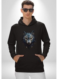 Resim Mavi Kurt Robot Kadın Erkek Siyah Kapüşonlu Sweatshirt Hoodie Siyah 