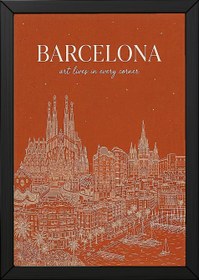 Resim Barcelona Line Art Print - Burnt Orange Sagrada Familia Skyline Wall Art - Wooden Frame - Black / 20 x 28" (50x70 cm) 