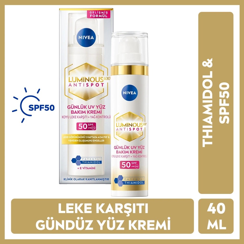 Nivea Luminous630 Thiamidol Etkili Leke Karşıtı Gündüz Yüz Kremi SPF50 UV Koruma Hyaluronik Asit 40 ML Fiyatı ve Özelliklerı - Badem