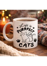 Resim Life İs Purrfect With Cats Kedi Desenli Porselen Kupa Model 62 Sevimli Kedi Figürlü Kahve Kupası Diğer 