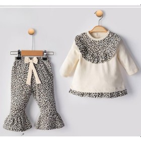 Resim Leopar Desenli Kız Bebek İkili Takım Krem 