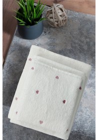 Resim 3 Parça Kalp Nakışlı Banyo Havlusu Takımı %100 Pamuklu Lovely Set Gülkurusu 
