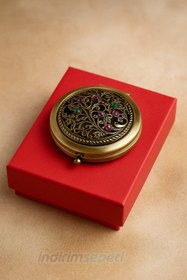 Resim Makyaj Aynası Vintage İşlemeli Taşlı Metal Çift Taraflı Cep Aynası - Hediyelik Çanta İçi Taşınabilir Ayna 