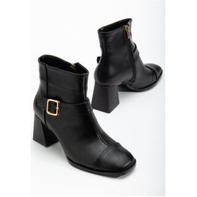 Resim Tpu Taban Kemer Toka Detaylı Fermuarlı Kadın Siyah Cilt Topuklu Bot Tbmr0162 Sıyah Cılt 