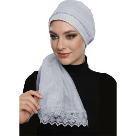 Resim Elysianfidan Incili Tüllü Bağlamalı Tül Kaplamalı Dantelli Inci Işlemeli Gri Hazır Dış Bone Tesettür Abiye Gri 