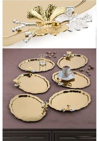 Resim Oval Gold Kelebekli Kahve-çay Sunum Tepsisi 20x25 Cm 