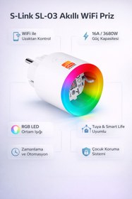 Resim S-Link Smart Wi-fi Rgb Işıklı Kablosuz Akıllı Priz 16a 2,4g Sl-03 