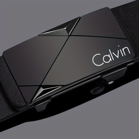 Resim Calvin Erkek İş Kemeri - Otomatik Toka Kapatma, Şık Siyah PU Deri Geometrik Desenli, Profesyonel ve Resmi Etkinlikler İçin Rahat & Dayanıklı 