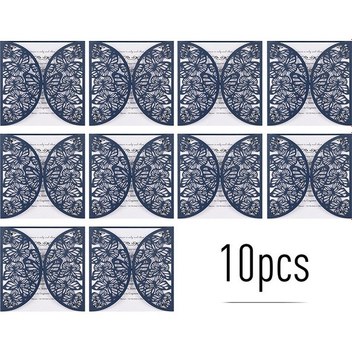 Kangvka D0100 Mavi İç Kartlı Davetiye Seti 10 Adet - Gelinlik, Doğum Günü, Toplantı Davetleri İçin Zarf Ve İç Blok Notu İle Floral Desenli Perl Kağıt