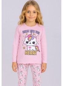 Resim Kız Çocuk Uzun Kollu %100 Pamuklu Pijama Takımı Unicat Pembe 