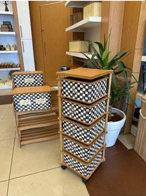 Resim Ahşap Kare Sebzelik 5 Katlı Yana Açılır Damalı Patates Soğan Tekerlekli Sebzelik Siyah - Beyaz 