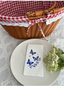 Resim Mavi Yaldızlı Beyaz Kelebek Yaprak Detaylı Peçete 16 Adet 