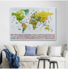 Resim Es10 Dünya Haritası Ayrıntılı Eğitici Sembollü Bayraklı Dekoratif Kanvas Tablo 2875 (95 x 165) 