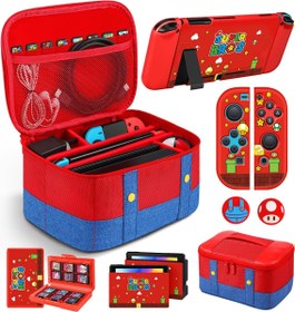 Resim Gurgitat 9in1 Carrying Case for Nintendo Switch Travel Carry Cases Bundle Cute Boys Protective Cover+Thumb Grips Button Caps+Game Card Holder+Dock Sticker Wrap Accessories Storage Bag for Switch 2017 