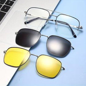 Resim Yeni Tasarım, 3'ü 1 Arada Manyetik Moda Gözlük Seti İçerir, Gözlük Çifti ve İki Değiştirilebilir Manyetik Lens, Gözlük Kılıfı, TAC Lensler, Gece Görüş Lensleri, Metal Çerçeve, Yay Menteşeleri, Hem Erkekler Hem de Kadınlar İçin Uygun, Hediye Olarak Mükemmel. 