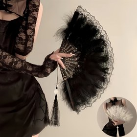 Resim Şık Sahte Tüy Dantel Katlanır Yelpaze - Vintage Tarzı, Dans ve Fotoğraf Çekimleri İçin Mükemmel, Siyah veya Beyaz Renkte Mevcut 