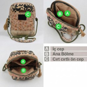 Resim Cappadocia Vintage Kadın Açık Kahverengi Çiçek Desenli Omuz Çantası - Bohem Tarz Mini El ve Telefon Çantası 