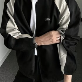Resim Erkekler İçin Renk Bloklu Beyzbol Yaka Ceket - Zeytin Yeşili ve Açık Gri, %100 Polyester, Fermuarlı, Makinede Yıkanabilir, Normal Kesim, Cepli 