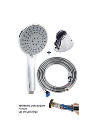 Resim 5 Fonksiyonlu Büyük Boy Krom Duş Başlığı 150cm Örgülü Hortumlu Ma Beyaz 