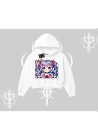 Resim Kapşonlu Crop Sweatshirt Hello Anime Kız Sevimli Karakter Baskılı Beyaz 