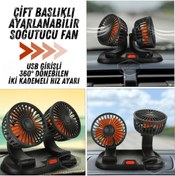 Resim ŞüsCarOto Aksesuar Oto Ofis Araç İçi Torpido Üstü USB Vantilatör Çift Başlıklı Çakmaklıklı Soğutucu Fan 360° Dönebilen 
