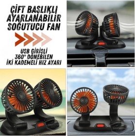 Resim ŞüsCarOto Aksesuar Oto Ofis Araç İçi Torpido Üstü USB Vantilatör Çift Başlıklı Çakmaklıklı Soğutucu Fan 360° Dönebilen 