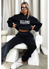 Resim Ellore Australia Eşofman Takımı Sweatshirt Jogger - Siyah Baskılı Oversize Şardonlu Kapüşonlu Siyah 