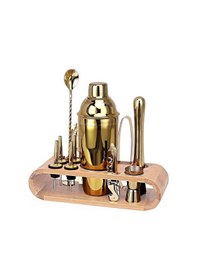 Resim Ahşap Standlı 12 Parça Çelik 750 Ml Shaker Bar Tokmağı Jigger Seti Barmen Seti Altın 
