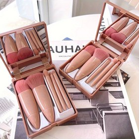 Resim 1 Set (5 adet) Çok Fonksiyonlu Palm Şekilli Makyaj Fırçası Seti - ABS Plastik Saplı, Polyester Fiber Fırça Tüyleri, Ayna ile Seyahat Arkadaşı Olarak Mini Makyaj Fırçası 