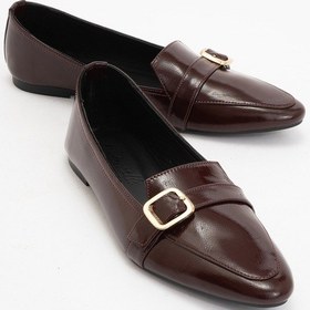 Resim Zarına Bordo Rugan Hakiki Deri Gold Tokalı Kadın Babet Ayakkabı Bordo 