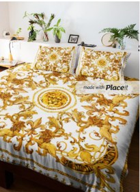 Resim Aslan Çift Kişilik Nevresim Takımı Pamuk Saten 240 260 Cm Altın Sarısı 