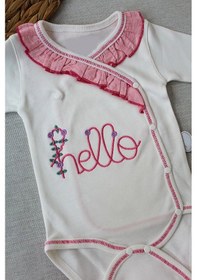 Resim 3-6 6-9 9-12 Ay Hello Nakışlı Kruvaze Bandanalı Uzun Kollu Zıbınlı 3lü Kız Bebek Takımı Pembe Pembe 