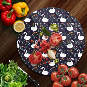 Resim Decovetro Cam Kesme Tahtası Yuvarlak Kuğu Çiçek Desenli 30X30 cm 