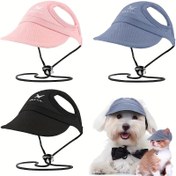 Resim Kedi ve köpekler için uygun, güneş koruyucu bir pet şapkası, baseball desenli, seyahat ve yürüyüş için mükemmel, küçük ve büyük ırklar için ayarlanabilir elastik bir kayışla UV ışınlarını engeller. 