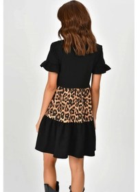 Resim Aqe Fashion Kadın V Yaka Leopar Desenli Bloklu Elbise Leopar & Siyah Leopar 