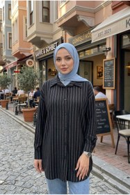 Resim adamila Kadın Kumaş Çizgili Tesettür Tunik Uzun Kollu Düğmeli Rahat Kalııp Günlük Ofis Yazlık Tesettür Tunik 