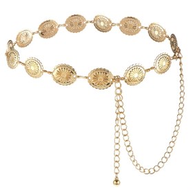 Resim 1 Adet Kadın Vintage Bohemian Metal Kemer - Altın Tonlu Zincirli Güneş Desenli, Resmi ve Gündelik Kıyafetler İçin - Düğün, Parti, Her Gün Kullanım Aksesuarı - Özel Günler ve Günlük Giyim için Dayanıklı Metal Yapı, Şık Tasarım, Detaylı İşçilik, Moda Tutkunlar İçin İfade Parçası 