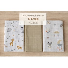 Resim Two Child Çok Amaçlı El Emeği 3'lü Müslin Örtü Set, %100 Pamuk, Yenidoğan Bebek Battaniyesi 80*90 cm 