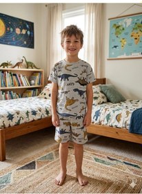 Resim Aliş Kids Erkek Çocuk Pamuklu Gri Dinozor Desenli Kısa Kollu Şortlu Yazlık Pijama Takımı 