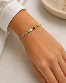 Resim Nazar Bileklik Kadın - Renkli Göz Boncuklu Altın Zincir, Ayarlanabilir 18+5 cm, Şık Günlük Kullanım & Hediye İçin İdeal 