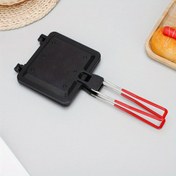Resim 1 adet Alüminyum Alaşımlı Çift Taraflı Katlanabilir Sandviç ve Tost Tenceresi - Kırmızı Saplı Taşınabilir Yapışmaz Kompakt Tasarım, Yürüyüş, Piknikler, Ev Kullanımı için Siyah Açık Hava Kampı Pişirme Ekipmanları, Piknik Temel Aksesuarlar | Katlanabilir Tasarım | Yapışmaz Yüzey 