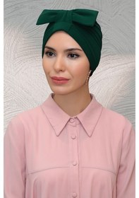 Resim Hürrem Bone Zümrüt Pratik Hazır Geçmeli Tesettür Bone Sandy Kumaş Fiyonklu Bü Zümrüt 